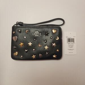 NWT Coach CCJ75 Corner Zip Wristlet Rivets Gunmetal/Black Multi Pebble Leather